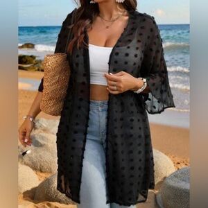 ELESOL black sheer chiffon kimono cardigan with polka dots and bell sleeve